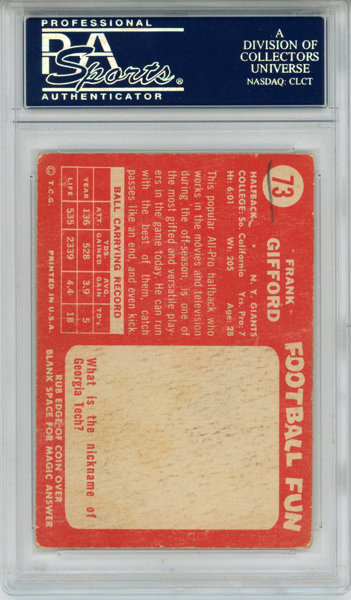 Frank Gifford Autographed 1958 Topps #73 Trading Card HOF PSA Slab 43614