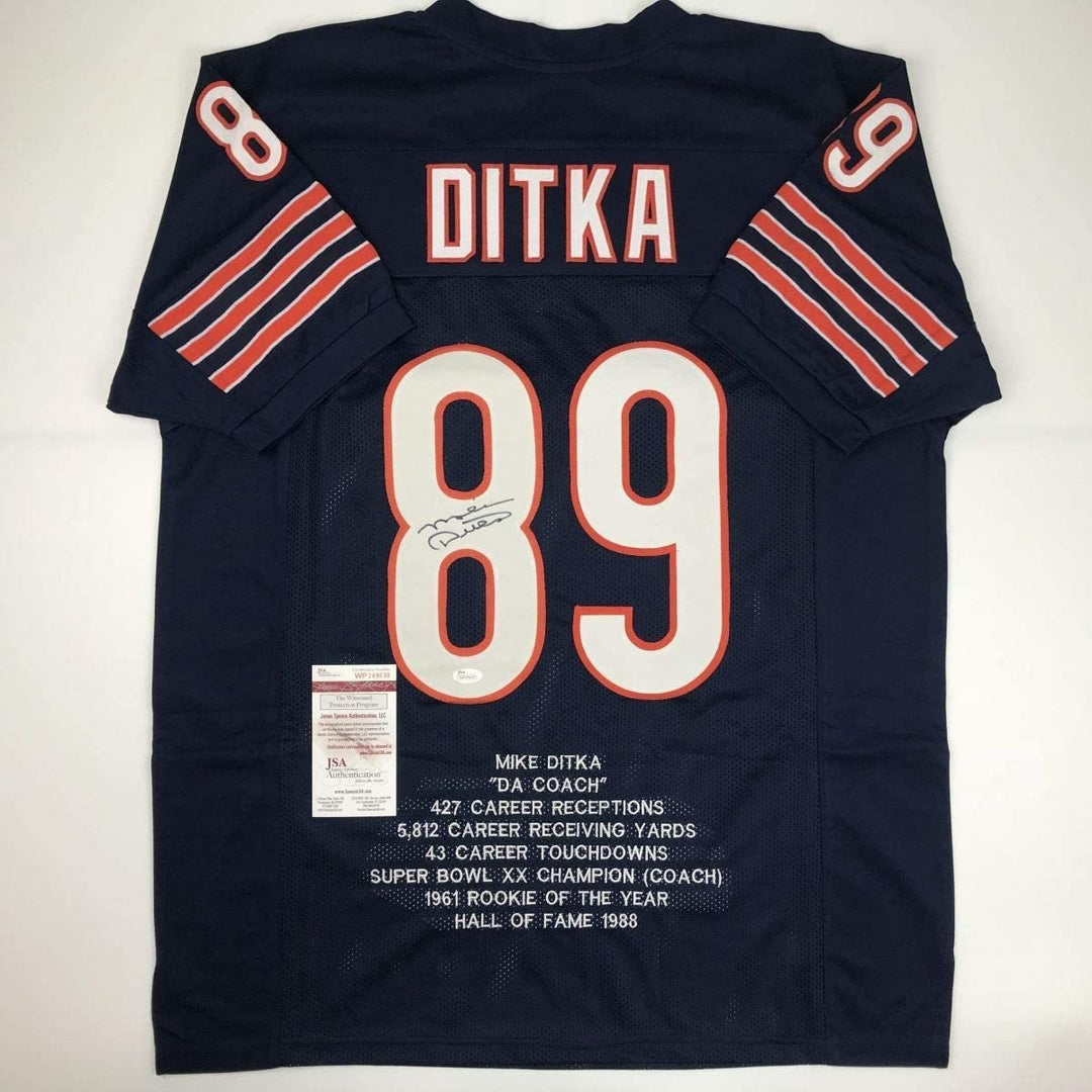 Autographed/Signed MIKE DITKA Chicago Blue Stat Jersey JSA COA Auto