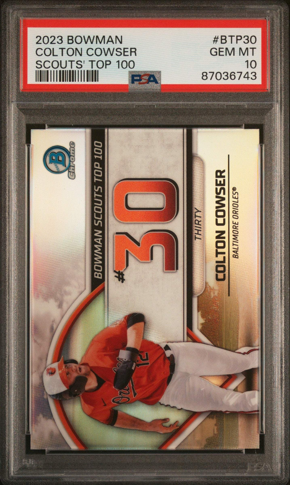 Graded 2023 Bowman Colton Cowser #BTP30 Scouts Top 100 RC Baseball Card PSA 10