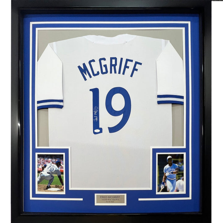 Framed Autographed/Signed Fred McGriff 35x39 Toronto White Jersey JSA COA