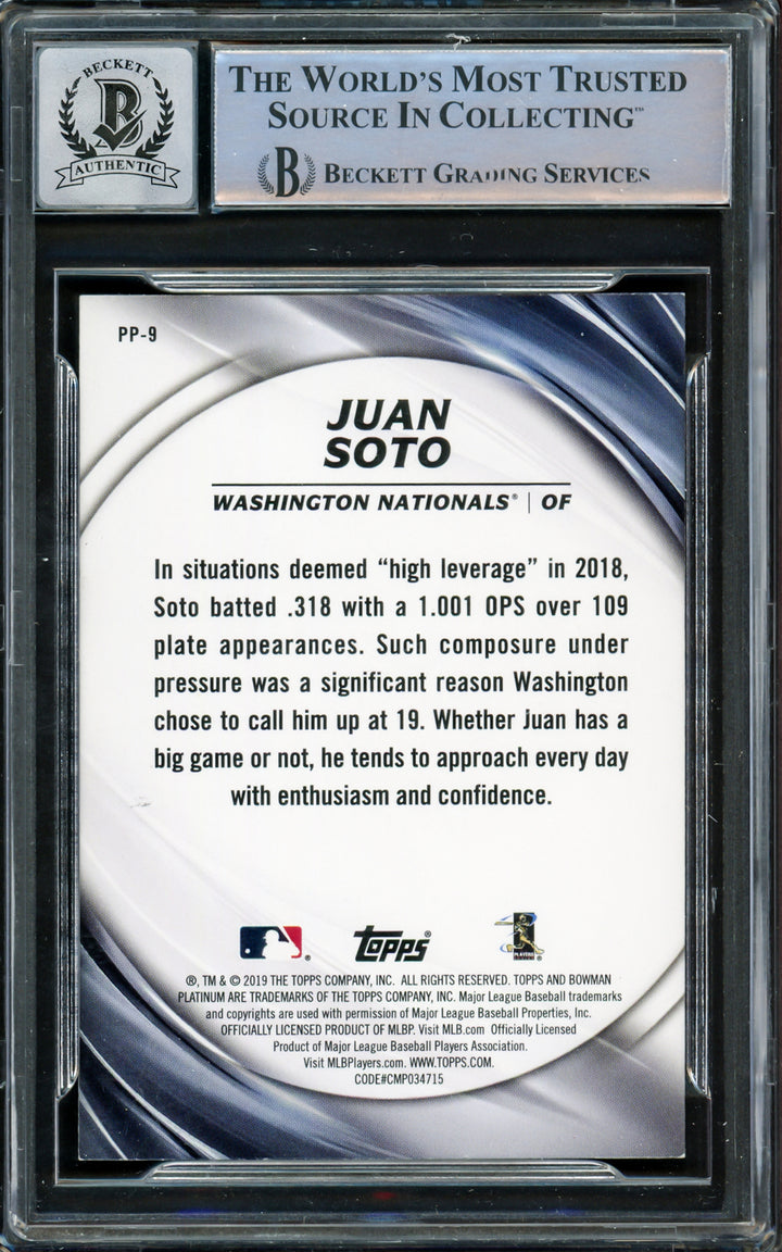 Juan Soto Autographed 2019 Bowman Platinum Presence Card Gem 10 Auto Beckett