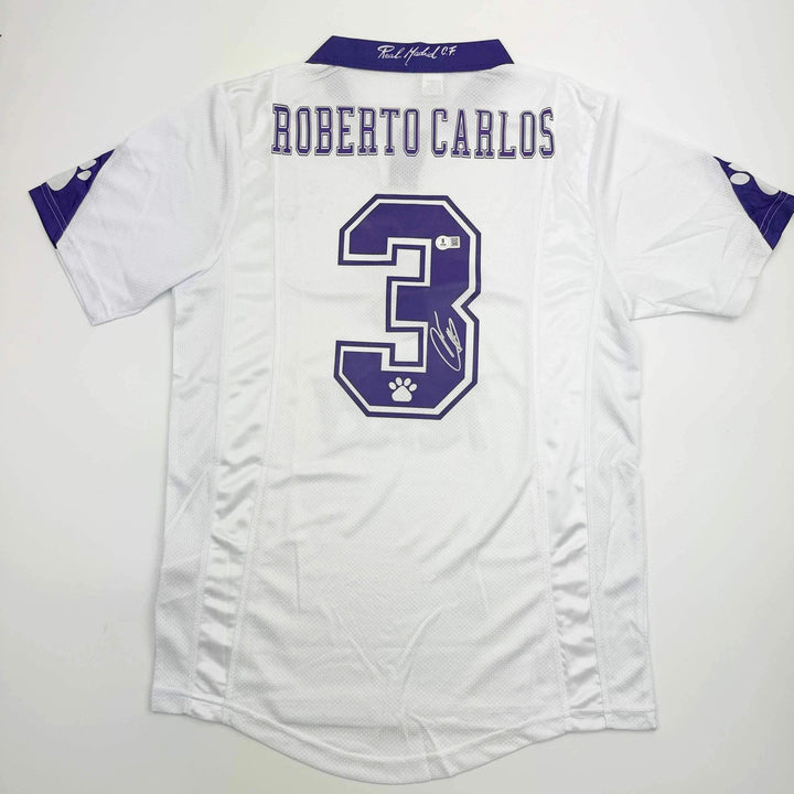 Autographed/Signed Roberto Carlos Real Madrid White Soccer Jersey Beckett COA