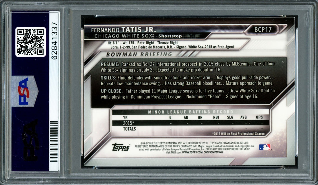 Fernando Tatis Jr Auto 2016 Bowman Chrome Prospects RC BCP17 PSA 8 Auto Mint 9