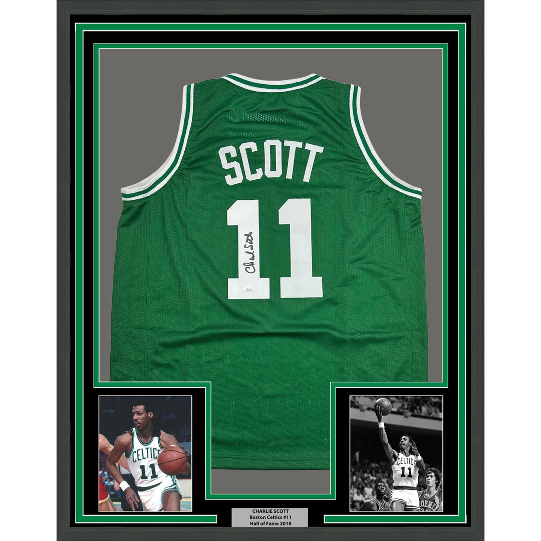 Framed Autographed/Signed Charlie Scott 35x39 Boston Green Jersey JSA COA