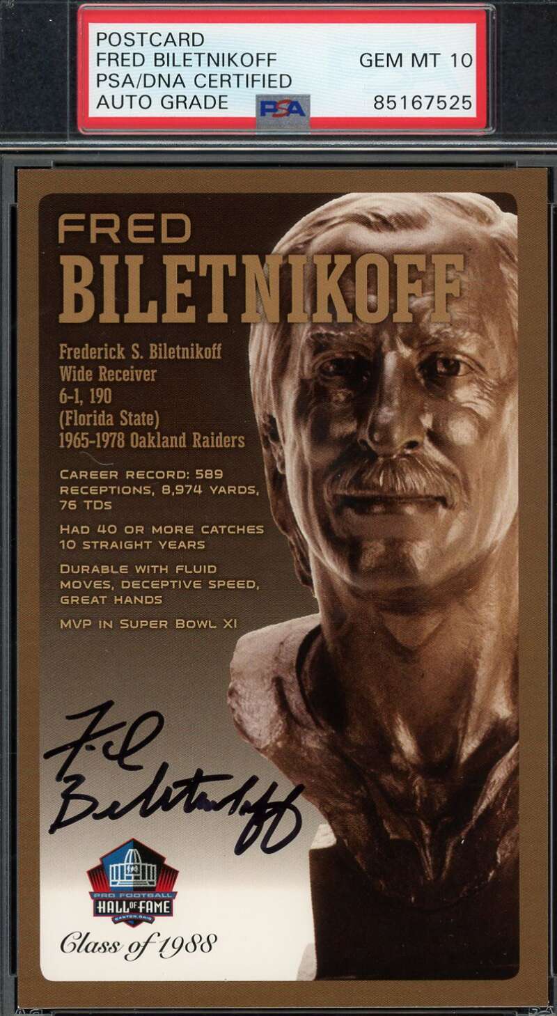 Fred Biletnikoff Gem Mint 10 PSA DNA Signed HoF Bronze Bust Postcard /150 Autog