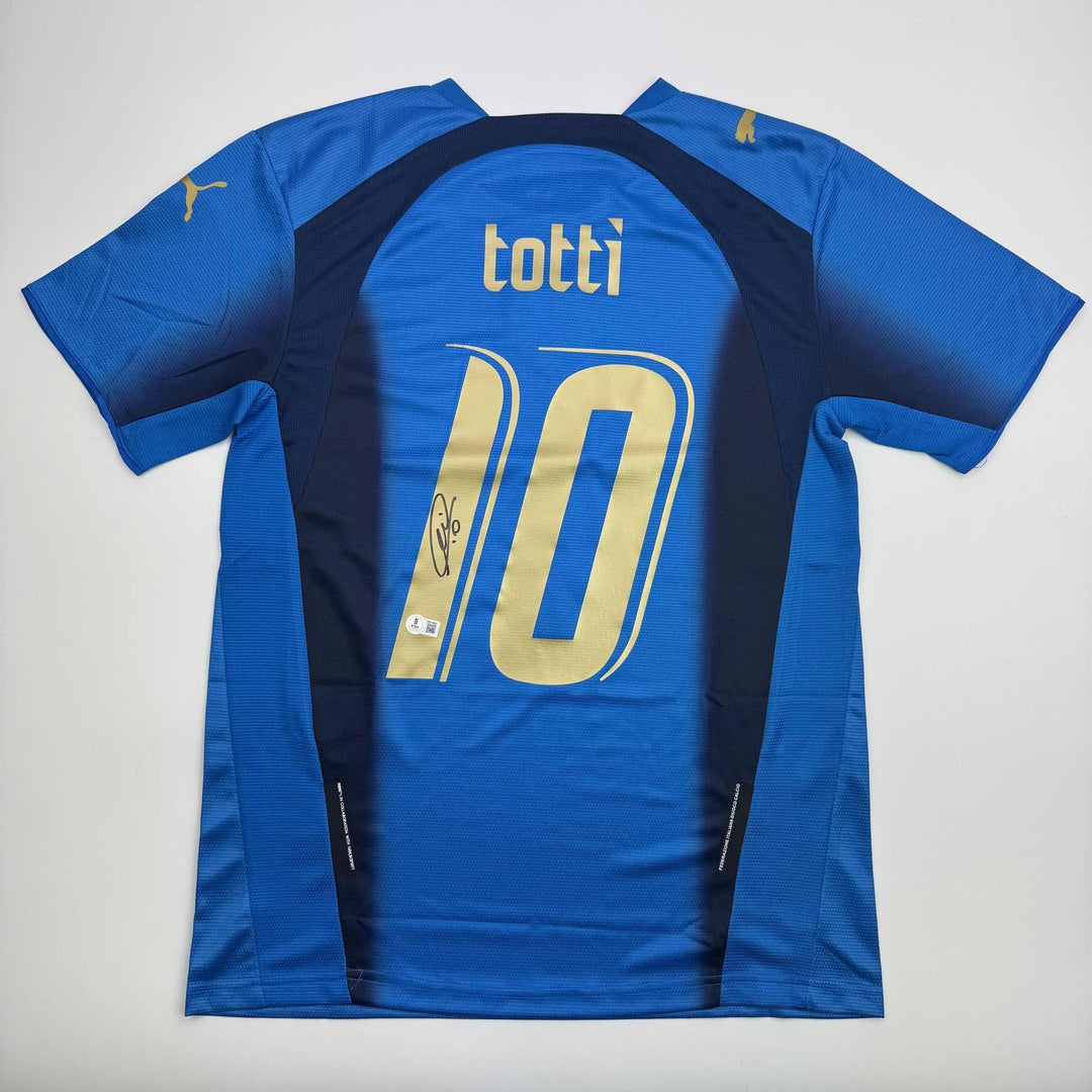 Autographed/Signed Francesco Totti Italy Blue Futbol Jersey Beckett BAS COA