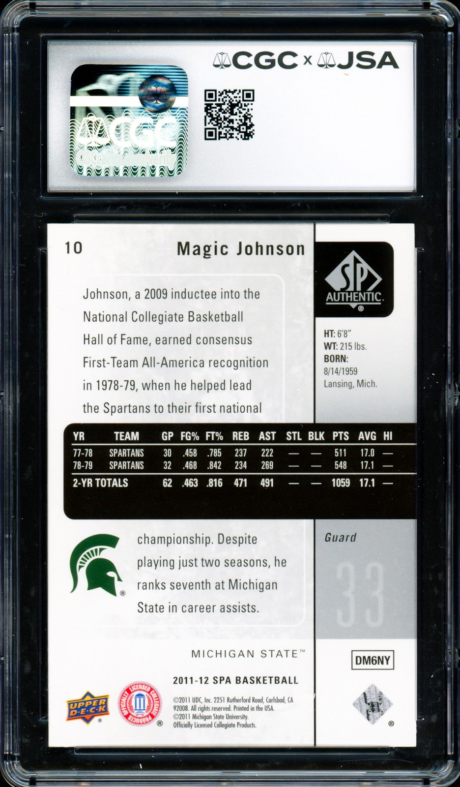 Magic Johnson Signed 2011-12 Upper Deck SP Card #10 Lakers CGC x JSA 9 Sig GM 10