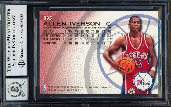 Allen Iverson Signed 1996-97 Fleer RC 235 Philadelphia 76ers Auto GM 10 Beckett