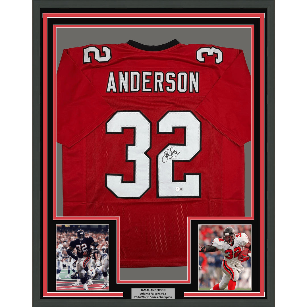 Framed Autographed Jamal Anderson 35x39 Atlanta Red Football Jersey BAS COA
