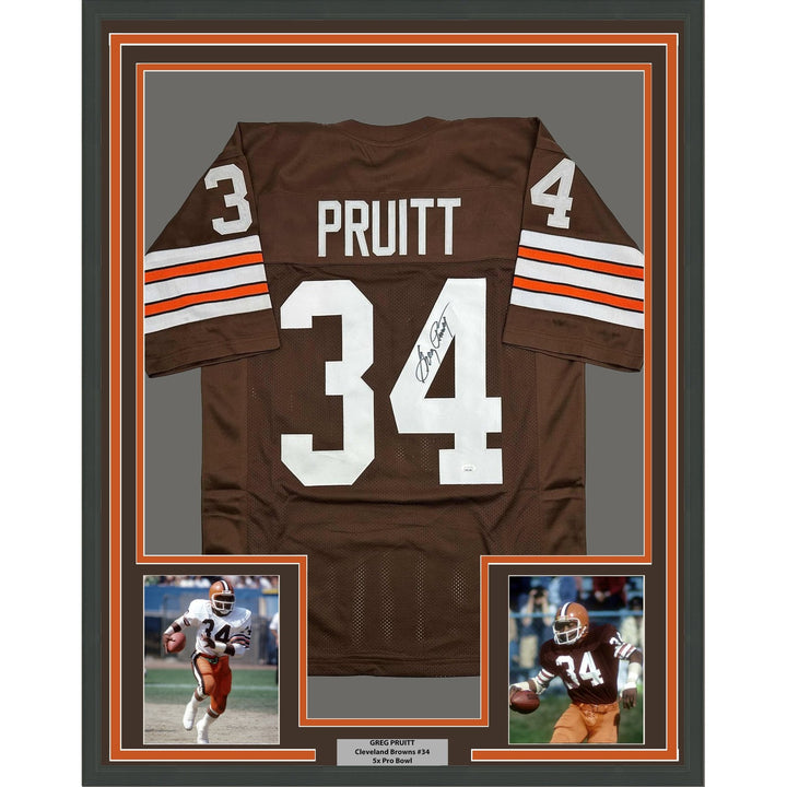 Framed Autographed/Signed Greg Pruitt 35x39 Cleveland Brown Jersey JSA COA