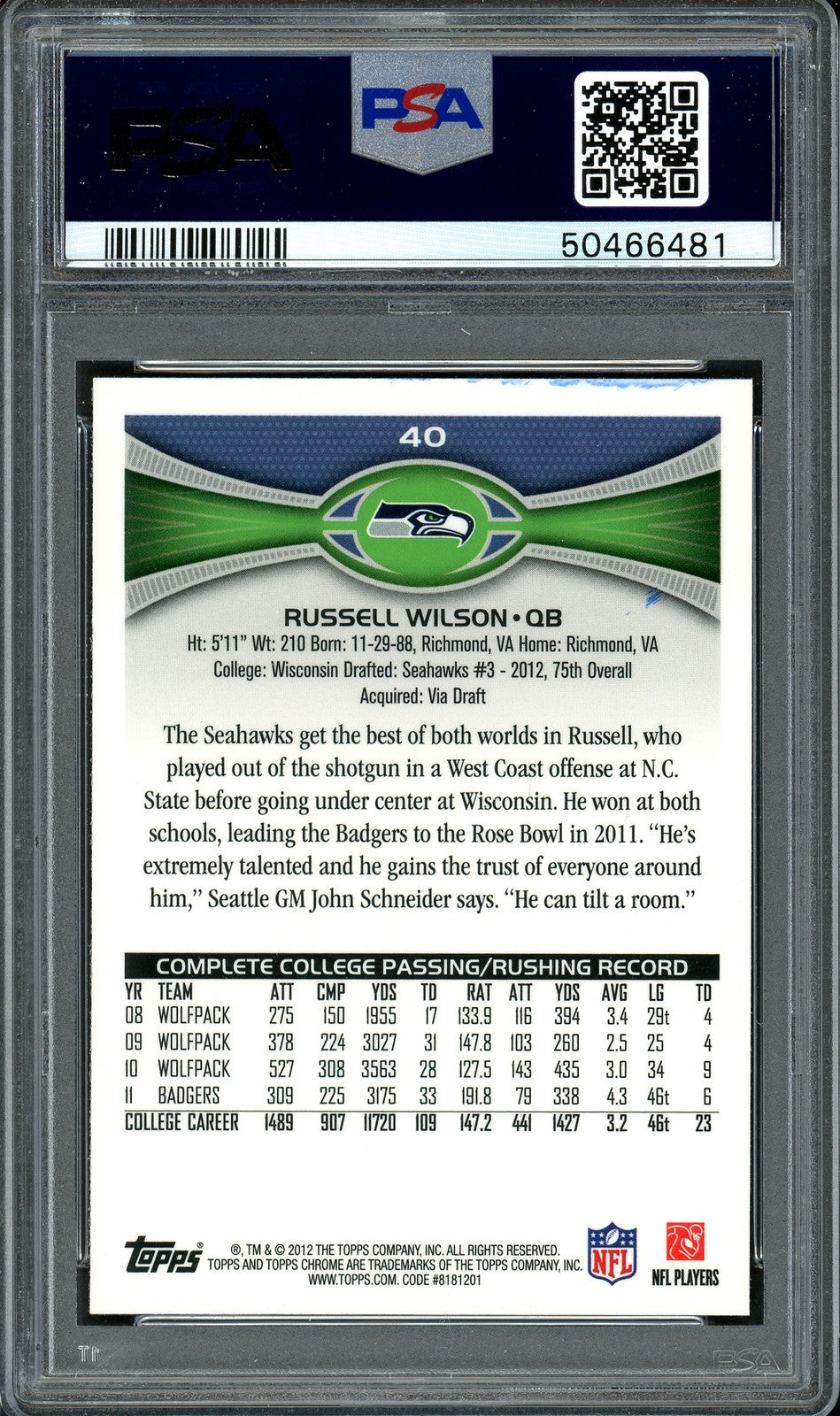 Russell Wilson Signed 2012 Topps Chrome RC 40 Seahawks Auto 9 PSA/DNA #50466481