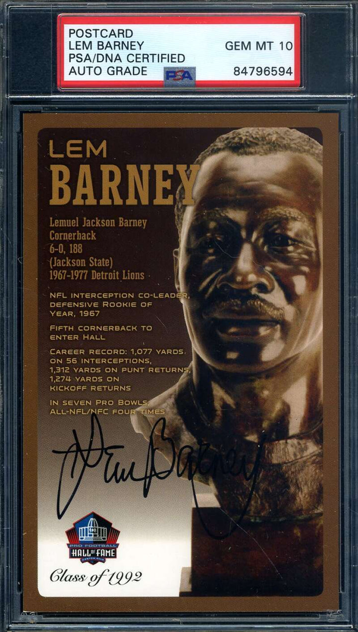 Lem Barney Gem Mint 10 PSA DNA Signed HOF Bronze Bust Postcard Autograph