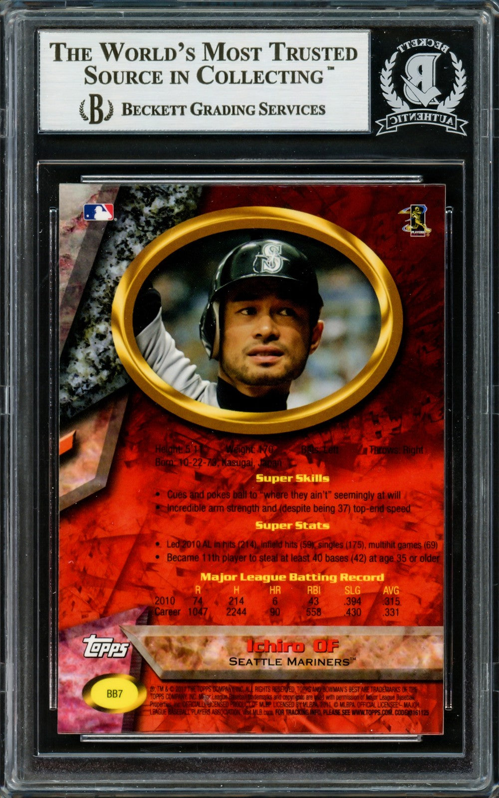 Ichiro Suzuki Signed 2011 Bowman's Best Card BB7 Seattle Mariners Beckett