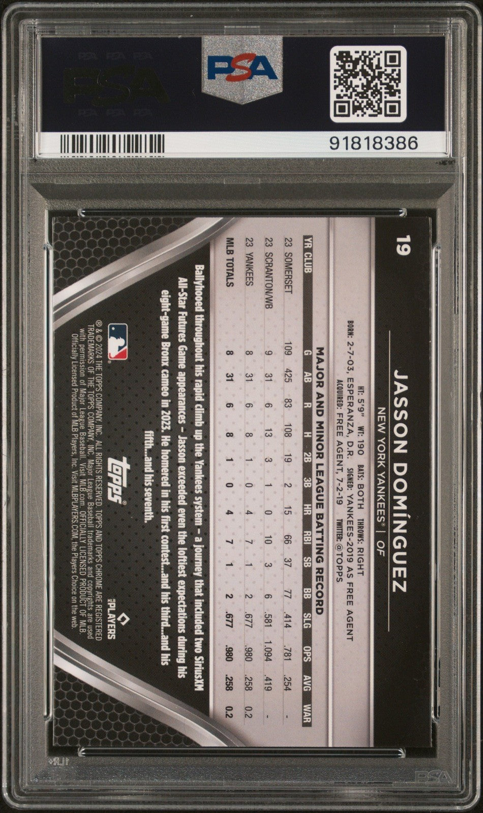 Graded 2024 Topps Chrome Black Jasson Dominguez #19 Rookie Card PSA 10