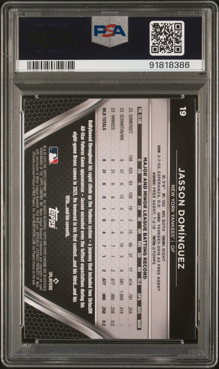 Graded 2024 Topps Chrome Black Jasson Dominguez #19 Rookie Card PSA 10