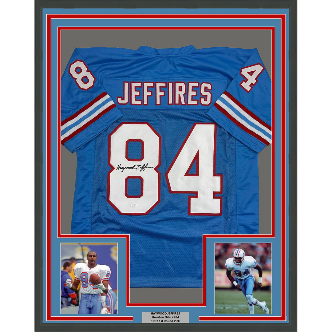 Framed Autographed/Signed Haywood Jeffires 35x39 Tennessee Blue Jersey JSA COA