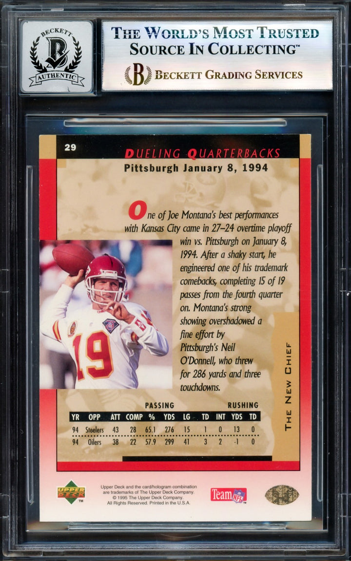 Joe Montana Signed 1995 Upper Deck Card 29 49ers Auto GM 10 Beckett #17604245