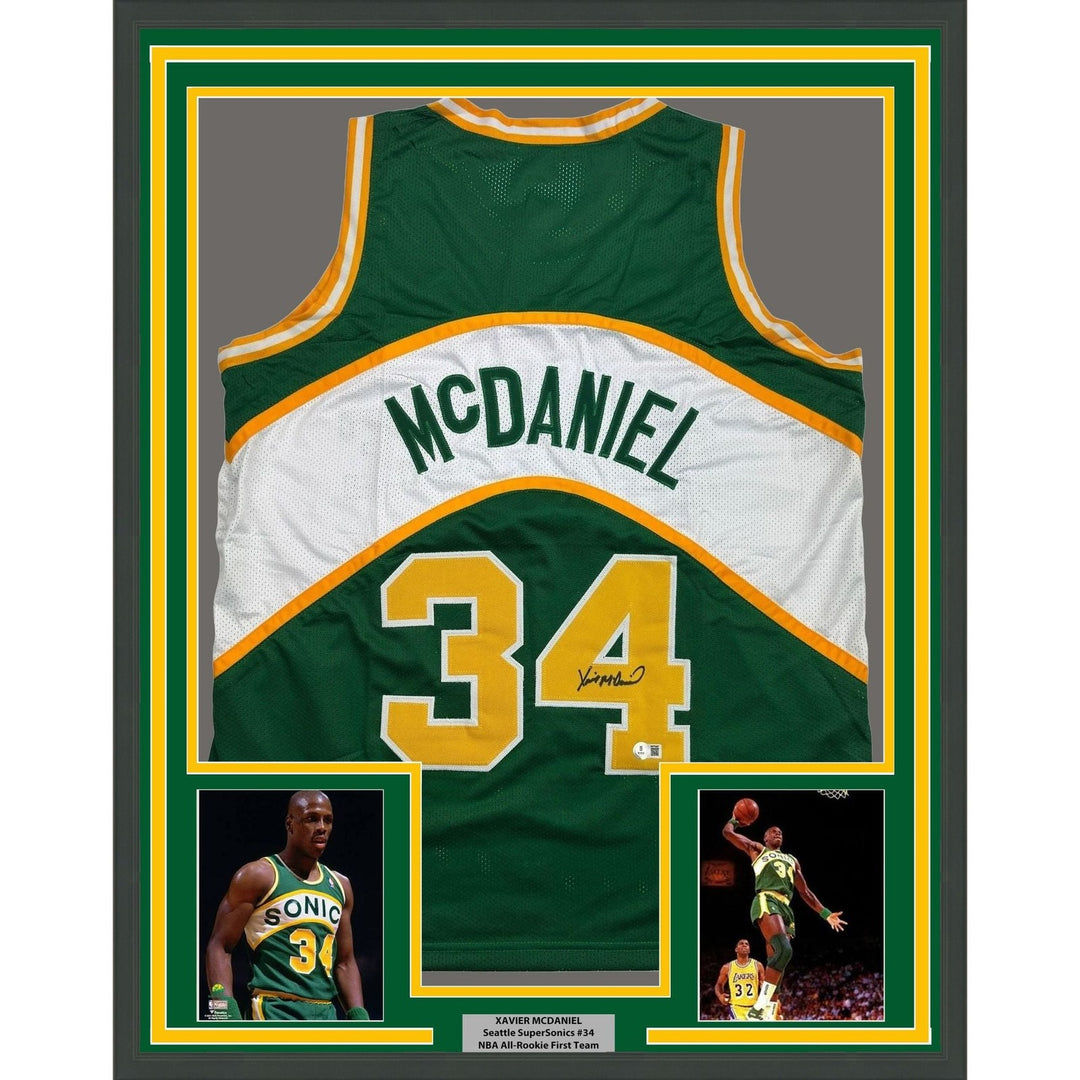 Framed Autographed/Signed Xavier McDaniel 35x39 Seattle Jersey Beckett COA