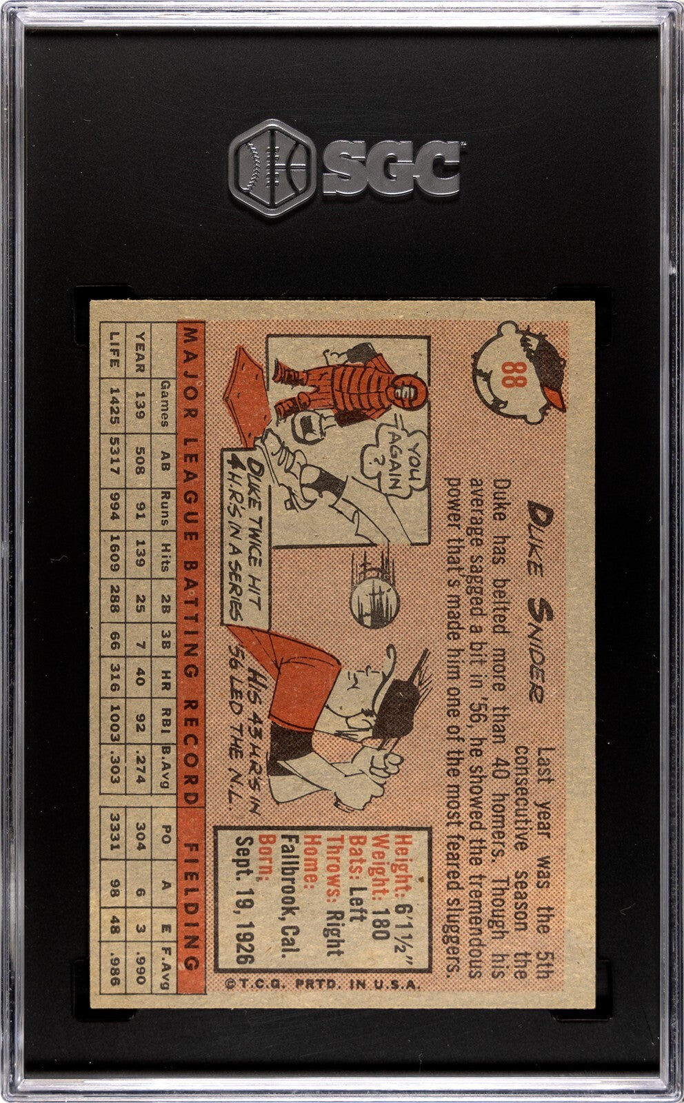 Duke Snider 1958 Topps Baseball Card #88- SGC Graded 6.5 EX-NM+