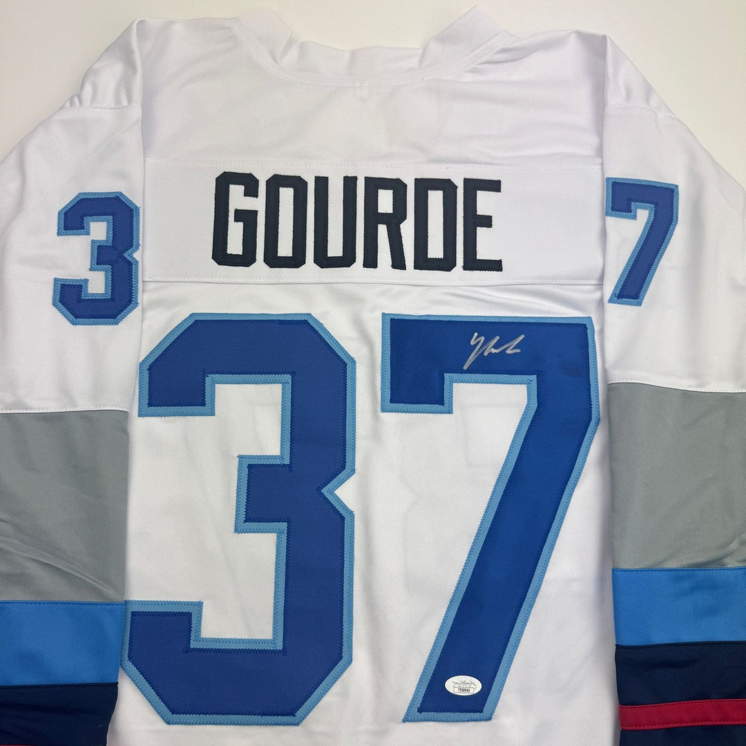 Autographed/Signed Yanni Gourde Seattle White Hockey Jersey JSA COA