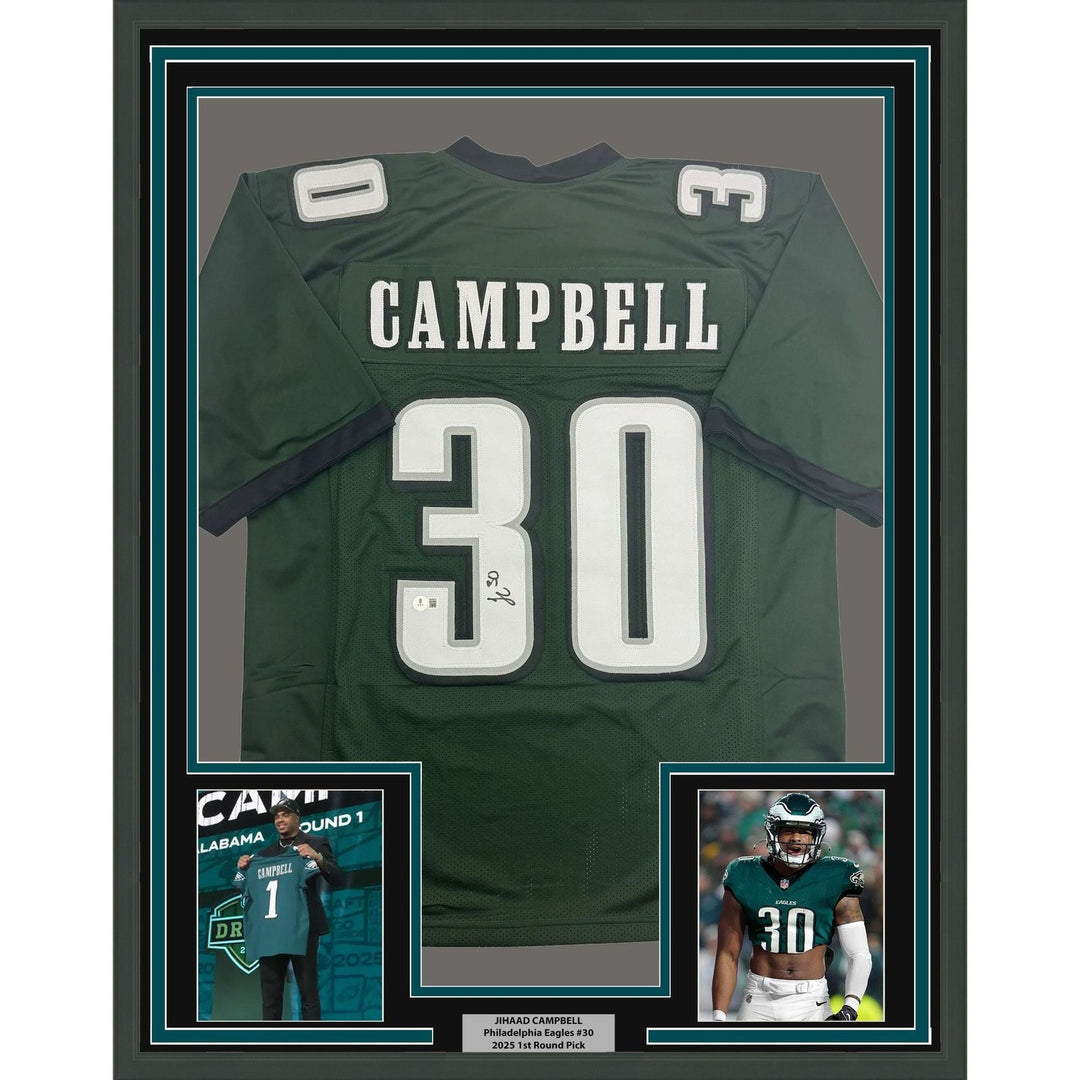 Framed Signed Jihaad Campbell 35x39 Philadelphia Green Jersey Beckett COA