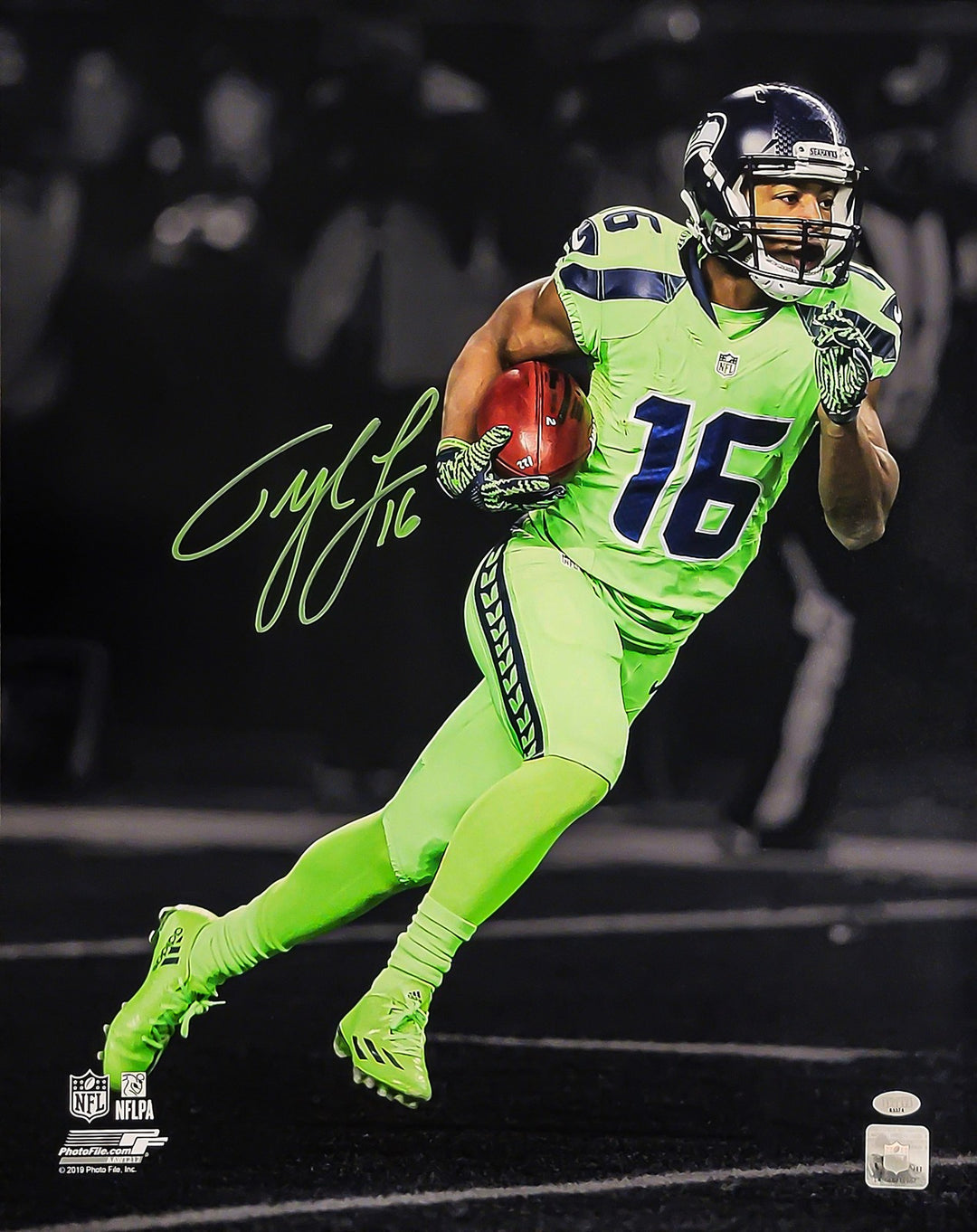 Tyler Lockett Signed 16x20 Photo Seahawks Color Rush Green Jerseys MCS Holo