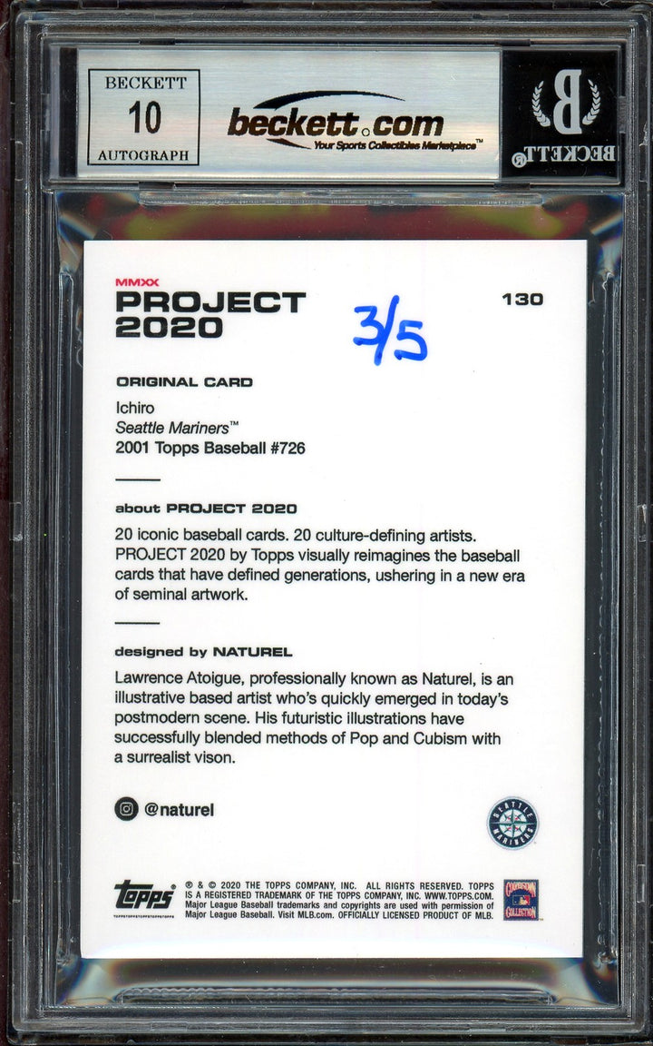 Ichiro Suzuki Auto Topps Project 2020 Naturel Card 130 Mariners Sig 10 /5 BAS