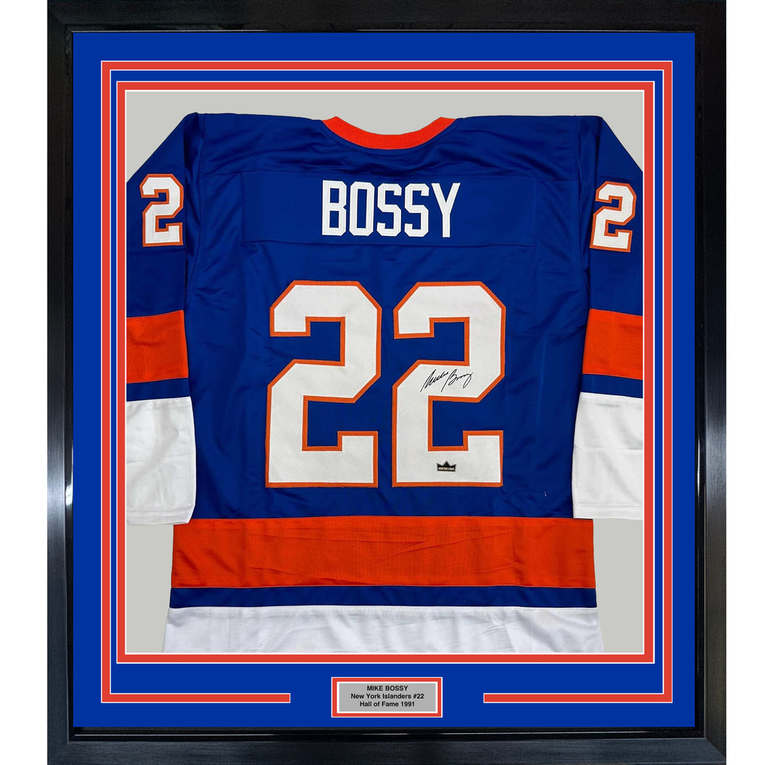 Framed Facsimile Autographed Mike Bossy 35x39 New York Blue Reprint Jersey
