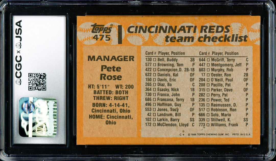 Pete Rose Autographed Signed 1988 Topps Card #475 Cincinnati Reds CGC x JSA