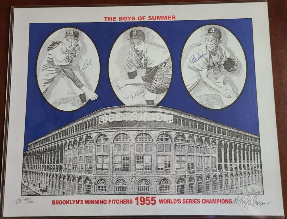 Labine Craig Podres JSA Cert Signed  16x20 1955 Brooklyn Boys of Summer Poster A