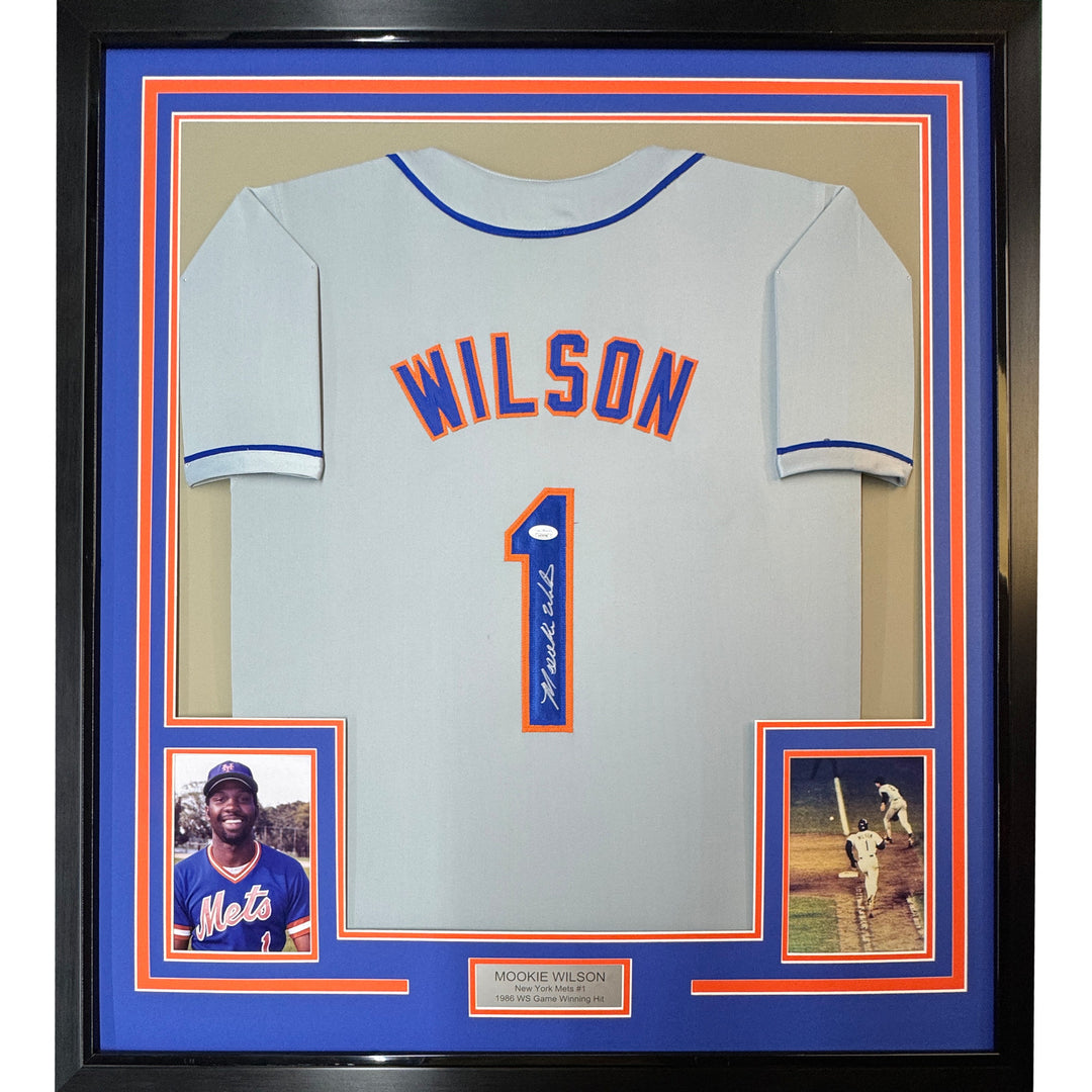 FRAMED Autographed/Signed MOOKIE WILSON 33x42 New York Grey Jersey JSA COA Auto