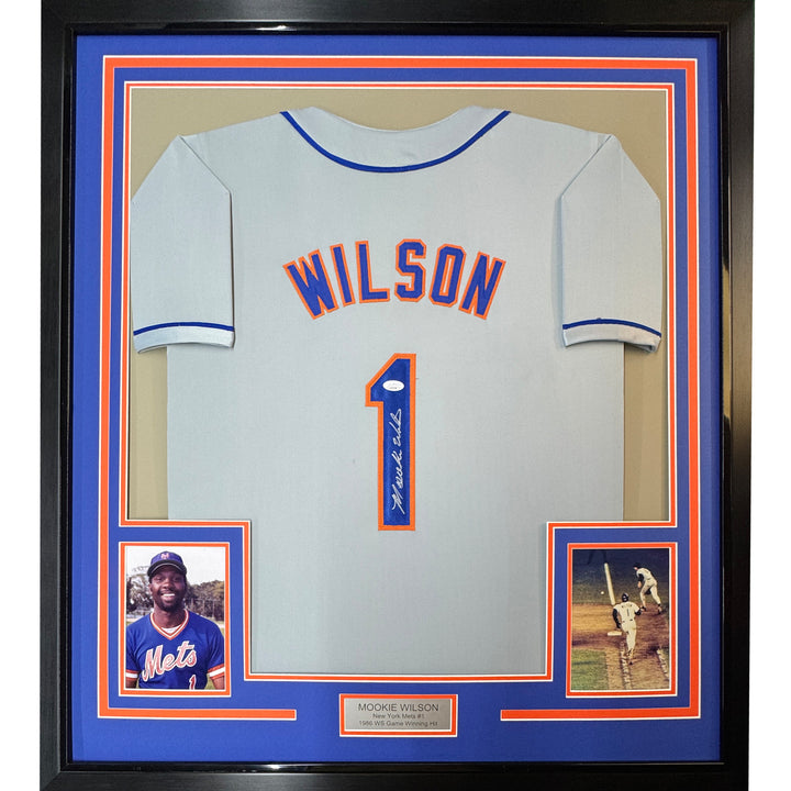 FRAMED Autographed/Signed MOOKIE WILSON 33x42 New York Grey Jersey JSA COA Auto