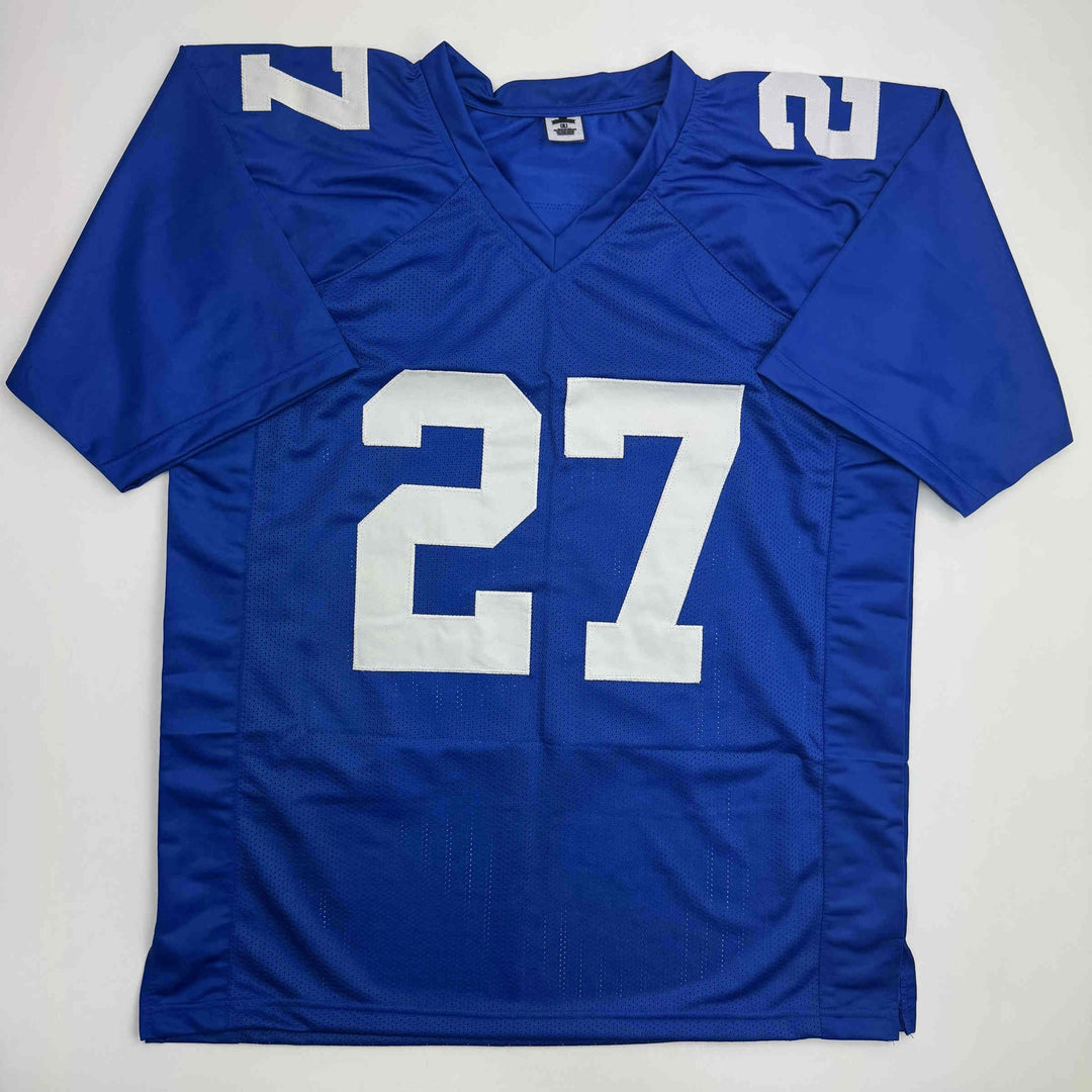 Autographed/Signed Brandon Jacobs New York Blue Football Jersey Beckett BAS COA