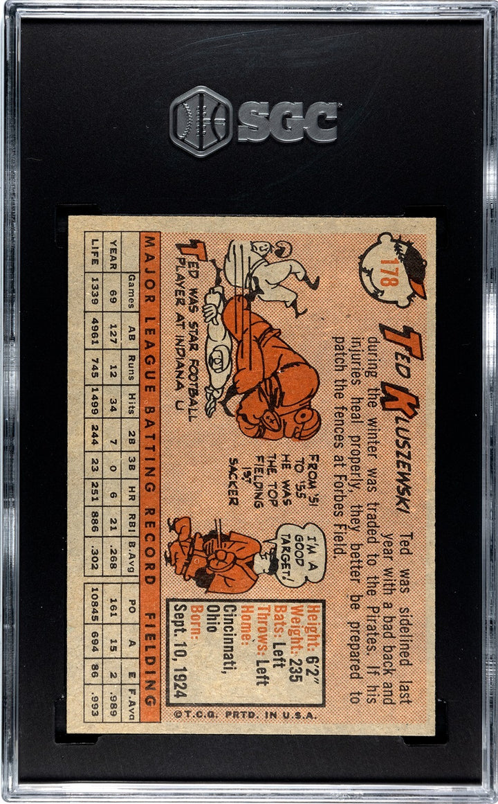 Ted Kluszewski 1958 Topps Baseball Card #178 Pirates - SGC Graded 7.5 NM+