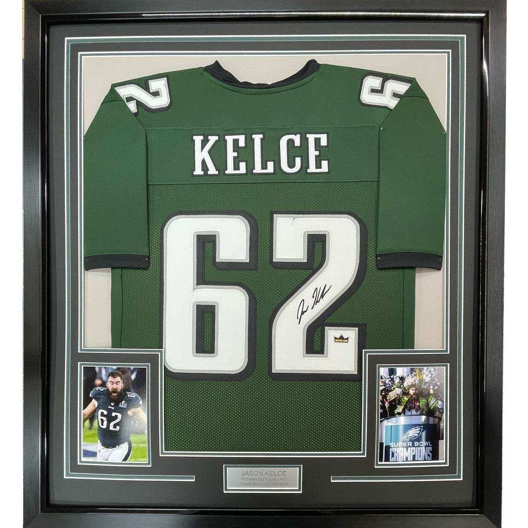 Framed Facsimile Autographed Jason Kelce 33x42 Green Reprint Laser Auto Jersey