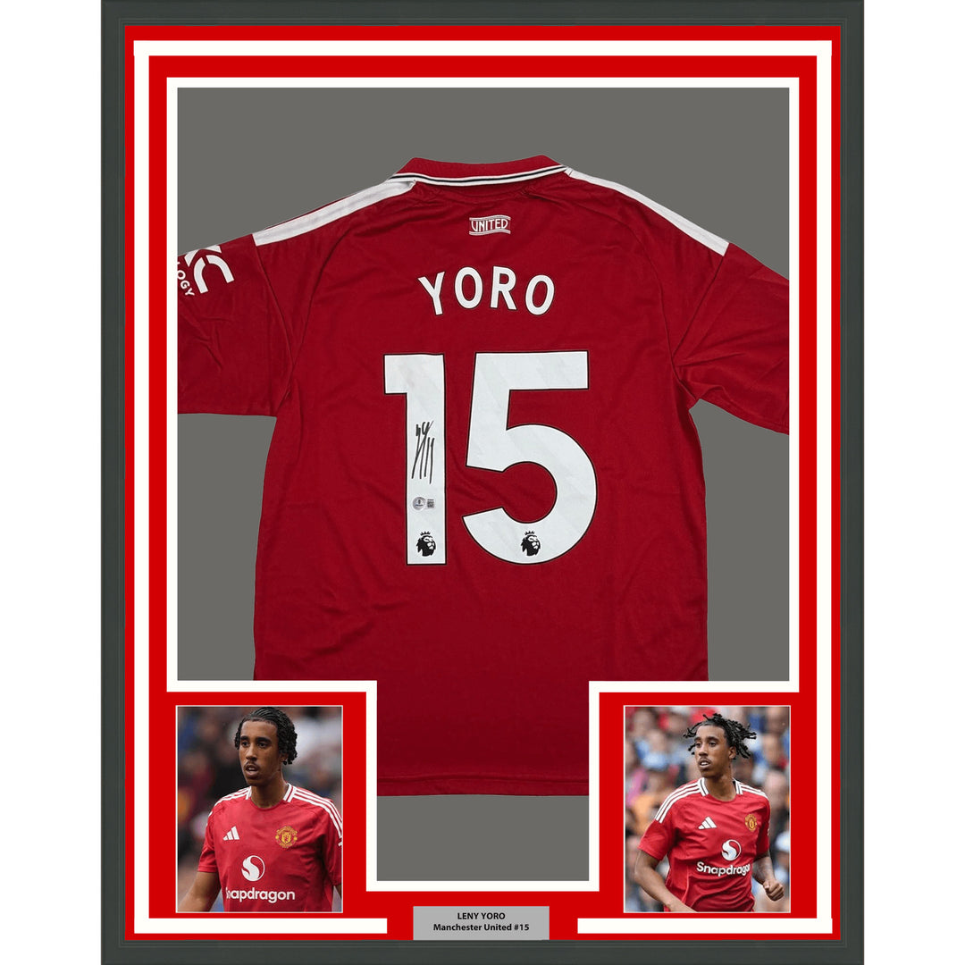 Framed Signed Leny Yoro 35x39 Manchester United Red Jersey Beckett BAS COA