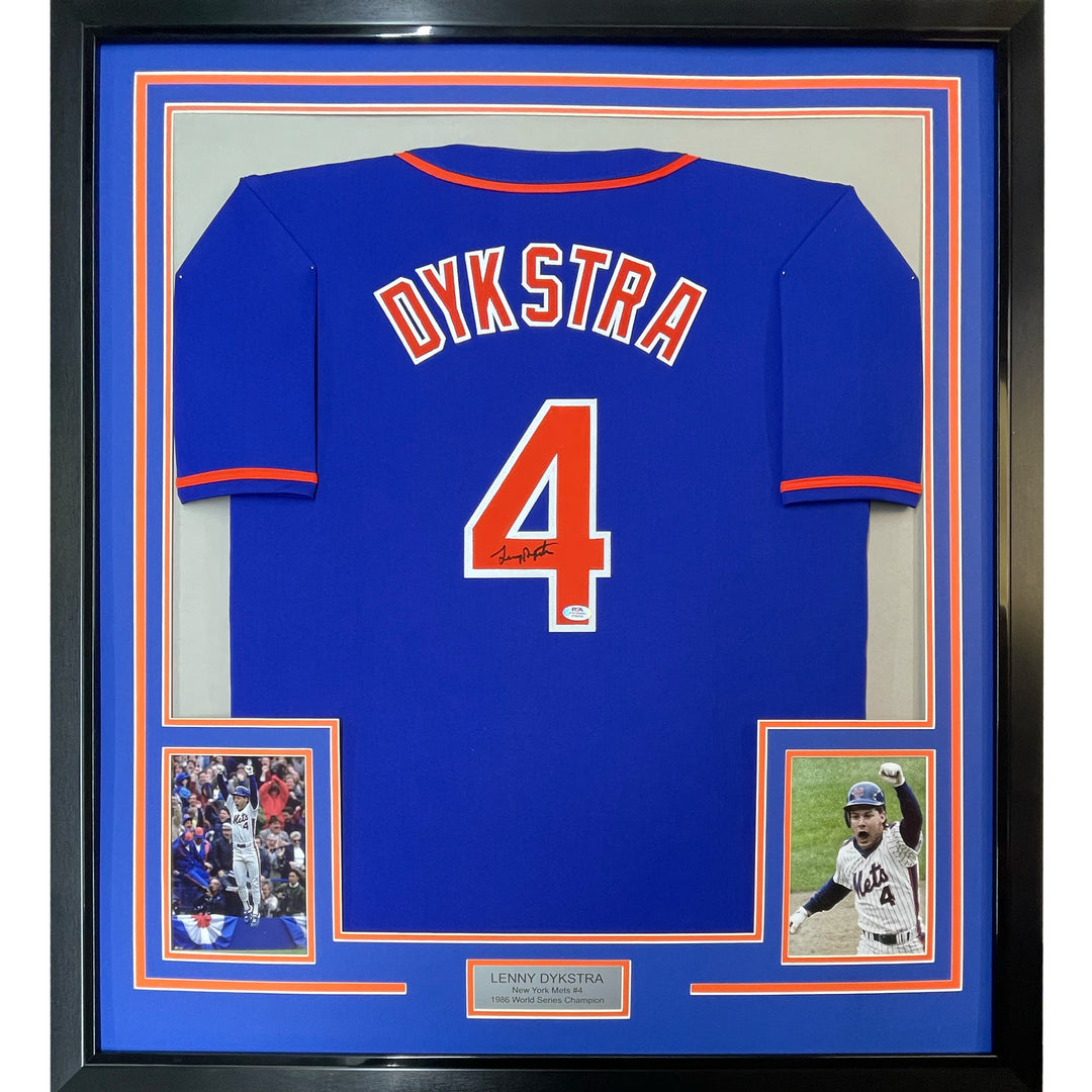 Framed Autographed/Signed Lenny Dykstra 35x39 New York Blue Baseball Jersey JSA