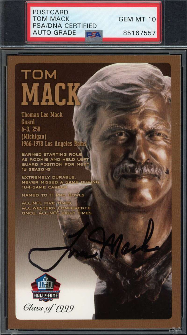 Tom Mack Gem Mint 10 PSA DNA Signed HoF Bronze Bust Postcard /150 Autograph