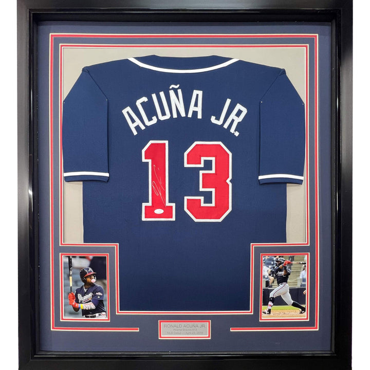FRAMED Autographed/Signed RONALD ACUNA JR. 33x42 Atlanta Blue Jersey JSA COA
