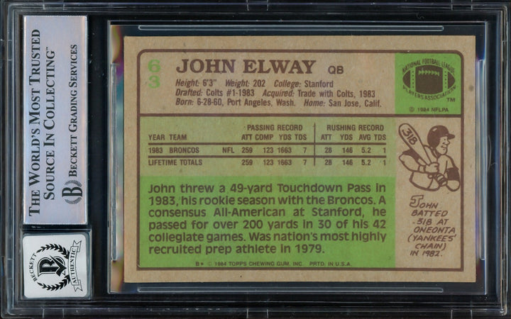 John Elway Signed 1984 Topps RC 63 Denver Broncos Sig 10 Beckett