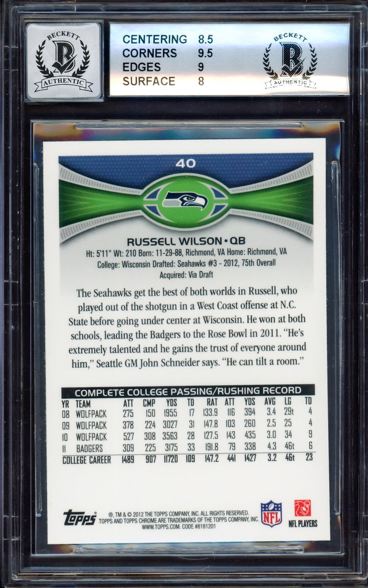 Russell Wilson Auto 2012 Topps Chrome RC 40A Seahawks BGS 8.5 Auto GM 10 Beckett