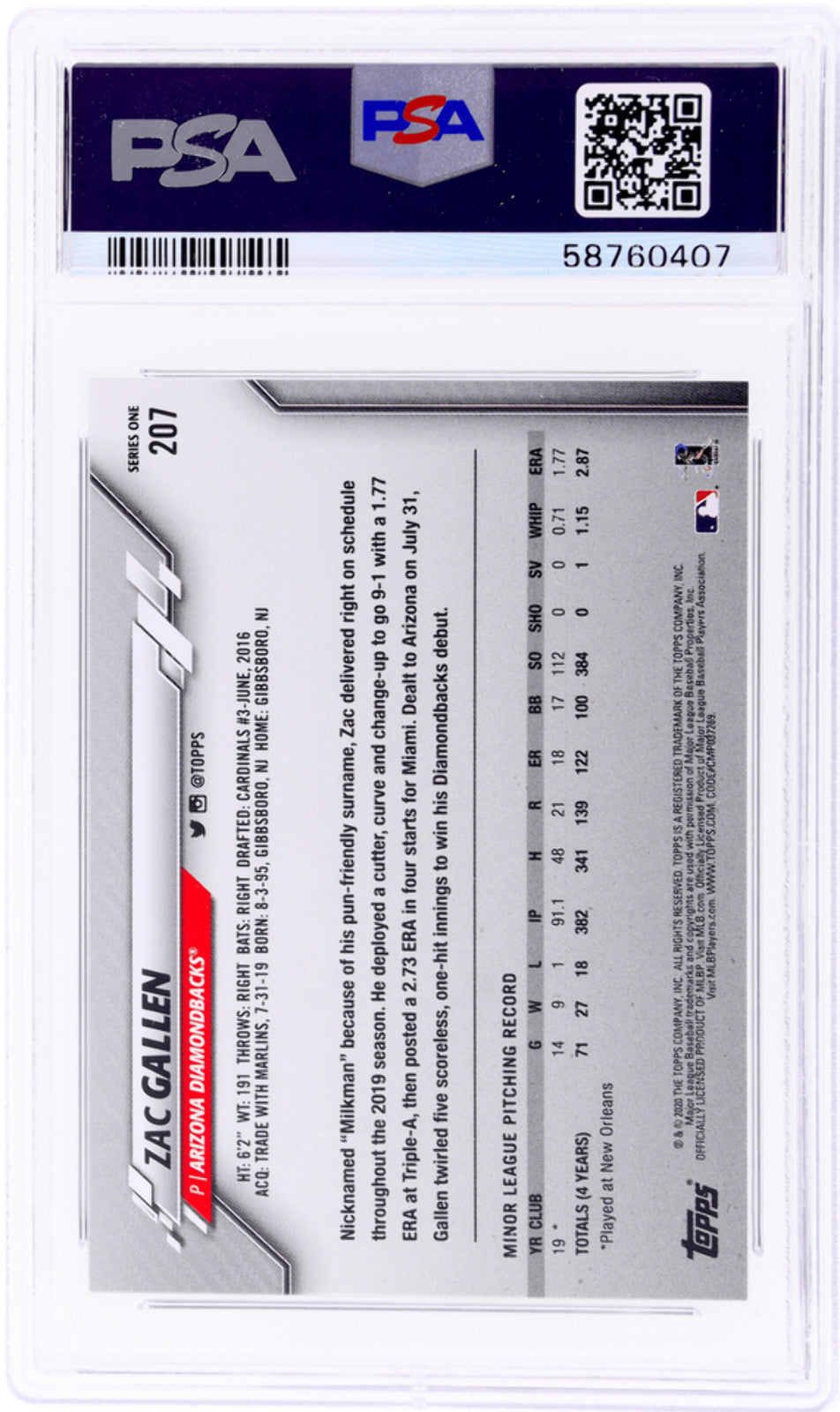 Graded 2020 Topps Complete Set Zac Gallen #207 Gold Star RC Baseball Card PSA 10
