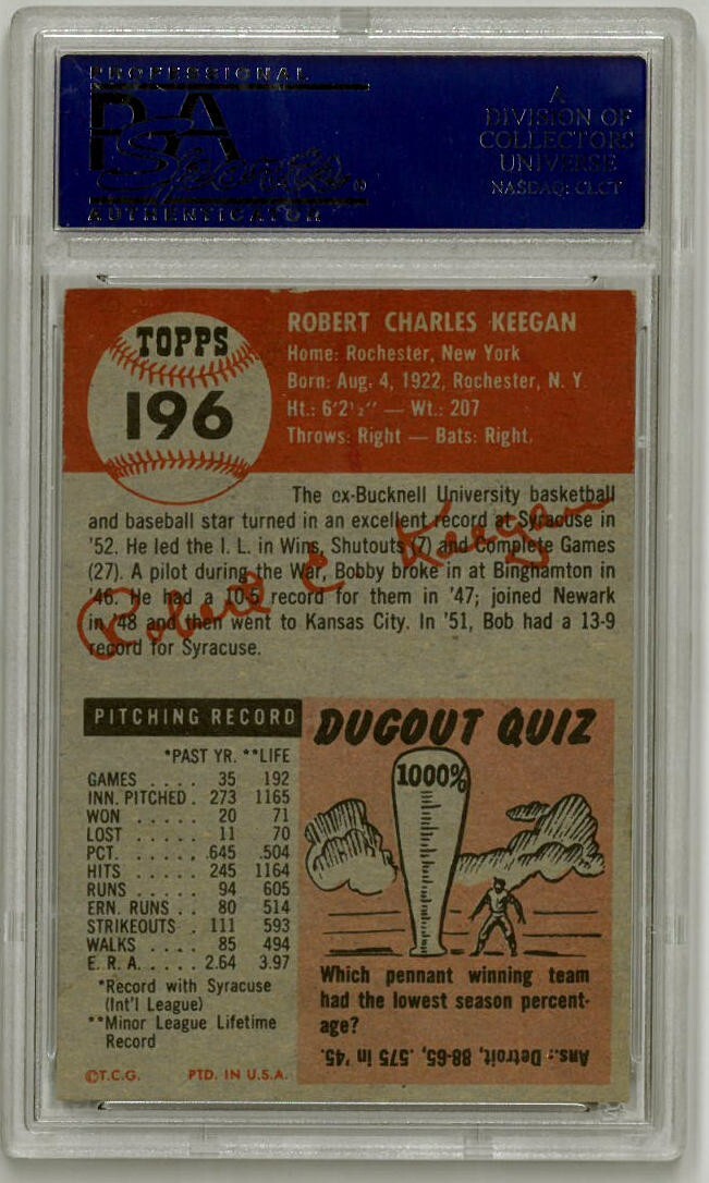 Bob Keegan 1953 Topps Baseball Card #196- PSA Graded 6 EX-MT (Chicago White Sox)