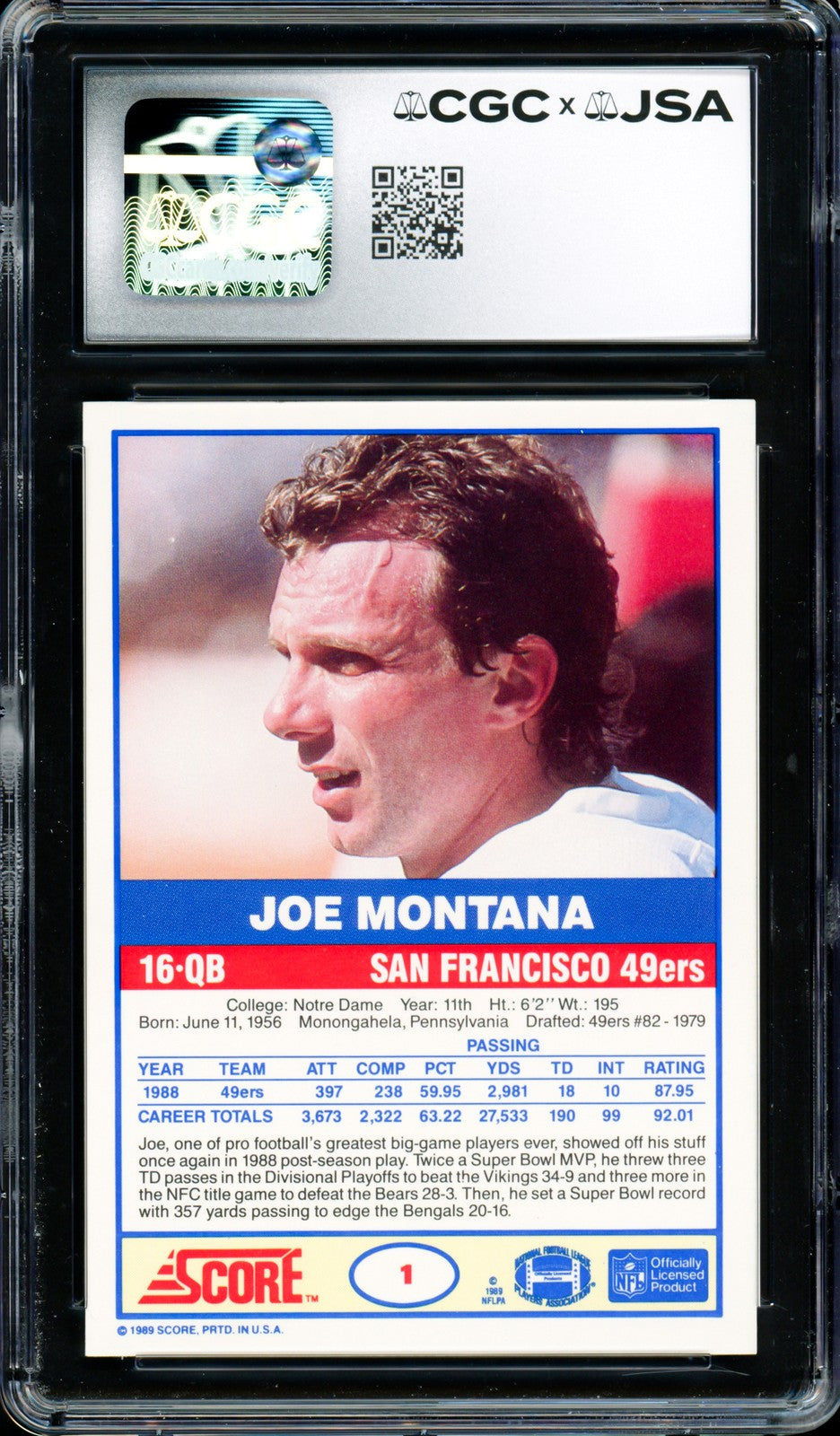 Joe Montana Signed 1989 Score Card 1 49ers Grade 9.5 Auto GM 10 CGC x JSA