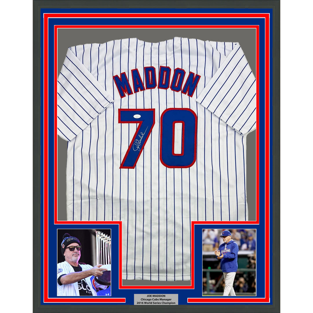 Framed Autographed/Signed Joe Maddon 35x39 Chicago Pinstripe Jersey JSA COA