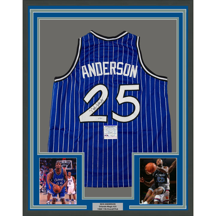 Framed Autographed/Signed Nick Anderson 33x42 Orlando Blue Jersey PSA COA