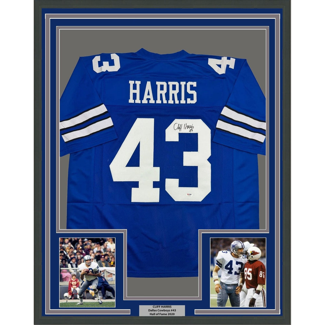 Framed Autographed/Signed Cliff Harris 35x39 Dallas Blue Jersey PSA/DNA COA