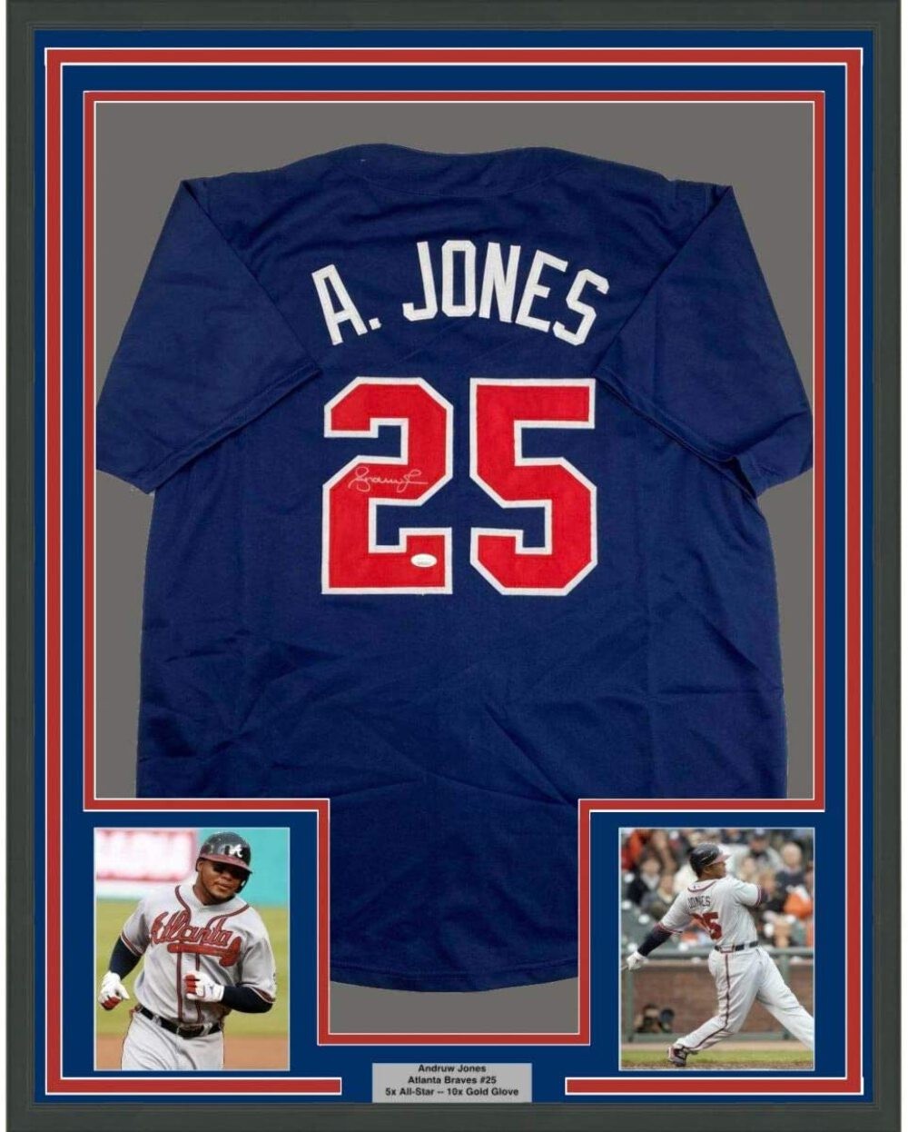 FRAMED Autographed/Signed ANDRUW JONES 33x42 Atlanta Blue Jersey JSA COA Auto