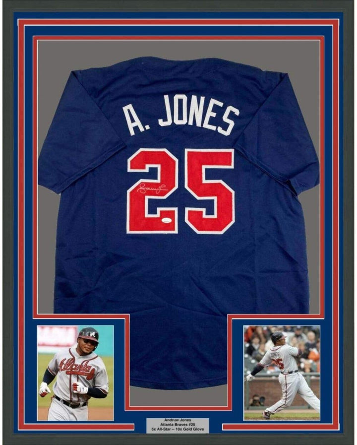FRAMED Autographed/Signed ANDRUW JONES 33x42 Atlanta Blue Jersey JSA COA Auto