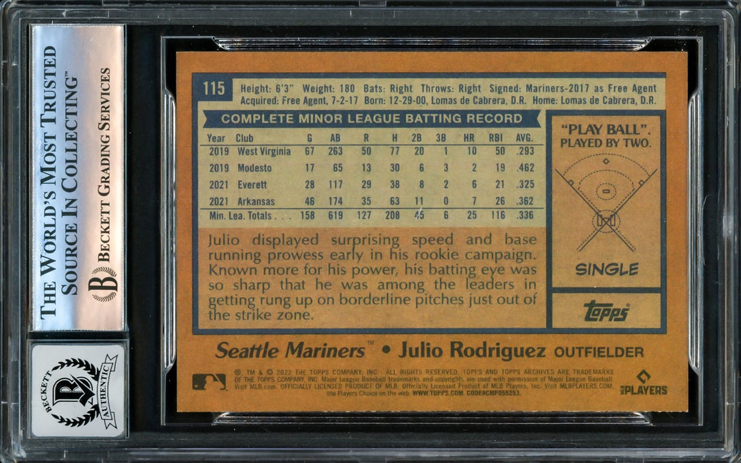 Julio Rodriguez Signed 2022 Topps Archives RC 115 Mariners Auto GM 10 Beckett